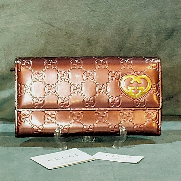 GUCCI SHINE GUCCISSIMA LOVELY HEART PLUM PATENT LEATHER CONTINENTAL LONG WALLET - Picture 15 of 17